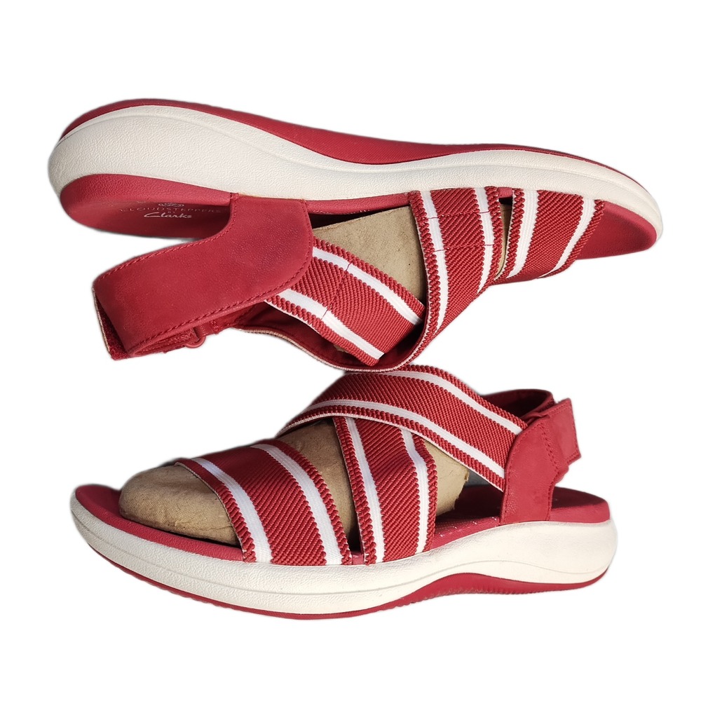 Clarks Cloudsteppers Mira Lily Sandals Womens 8 Red White Open Toe Hook & Loop